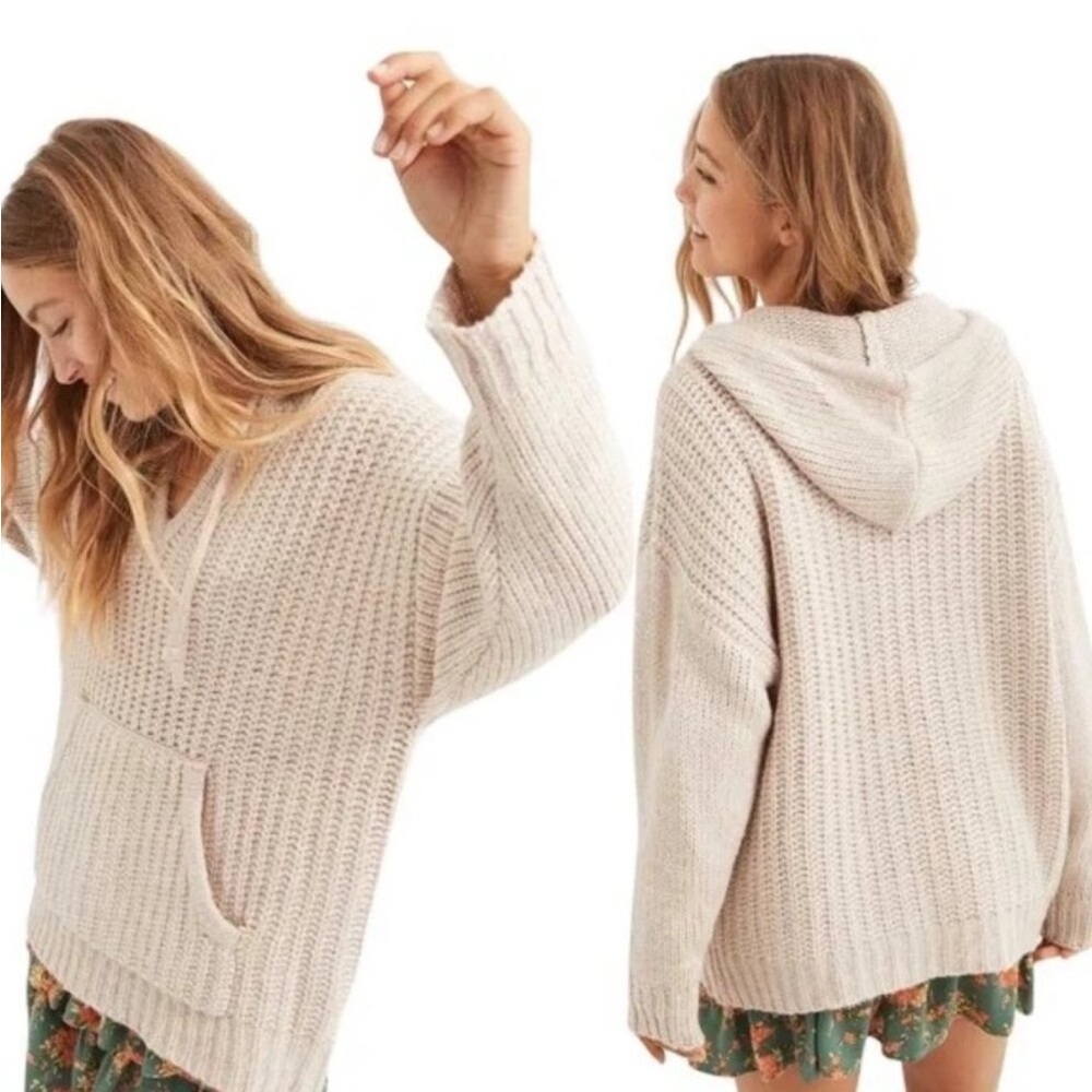 AERI tan beige chunky knit wool blend hoodie pullover sweater small